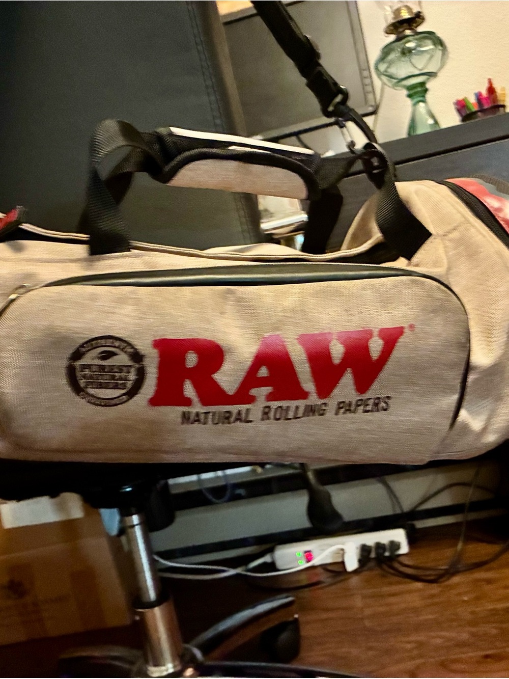 Natural Rolling Papers Beige and Red Duffel Bag